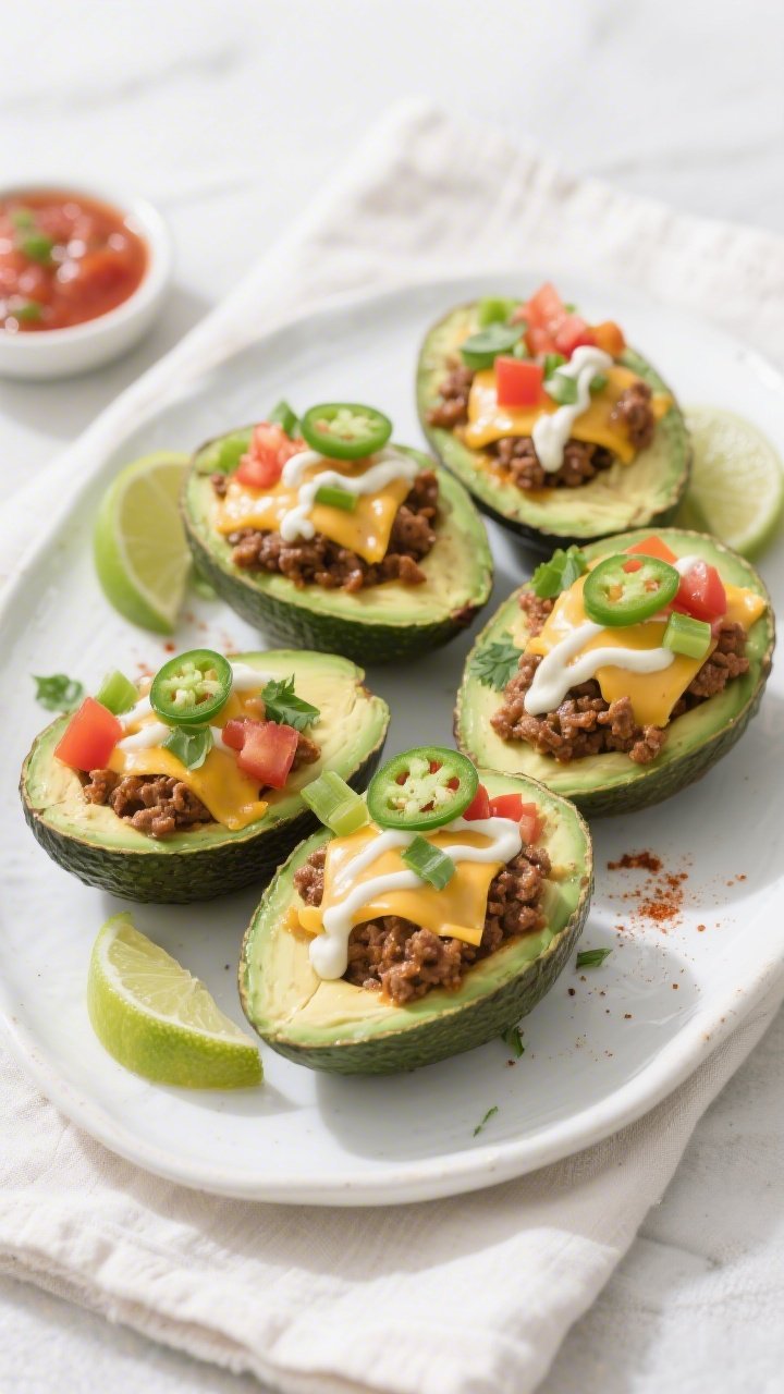 Final plated overhead: Top-down shot of keto ground beef taco stuffed avocados arranged on a white c