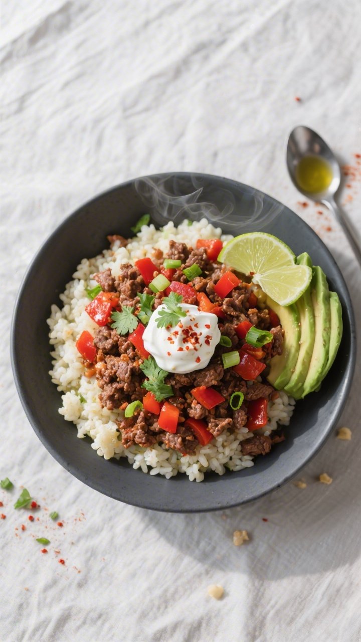 Final plated, overhead top view: Beautifully plated keto ground beef and cauliflower rice bowl, over
