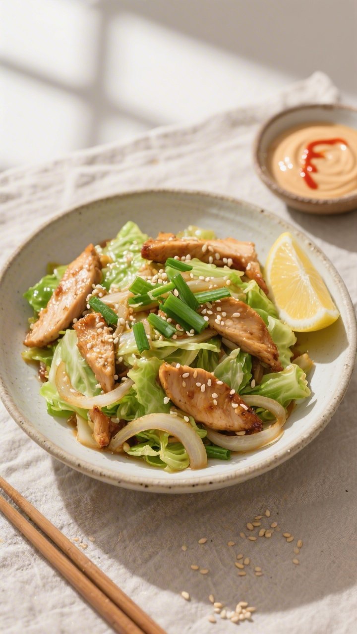Final plated — Tasty top view bowl: Overhead shot of Keto Chicken and Cabbage Stir Fry neatly moun
