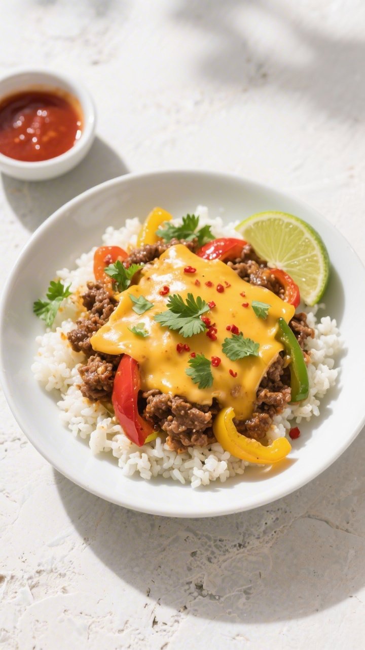 Final plated, tasty top view: Cheesy keto ground beef and pepper skillet served in shallow white bow