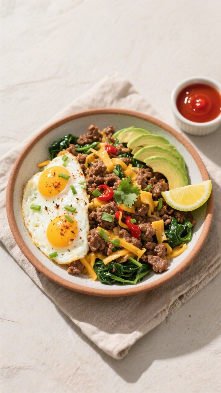 Final plated, tasty top view: Overhead shot of a keto ground beef and egg breakfast scramble plated 