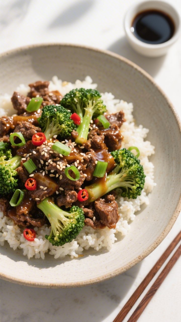 Final plated, tasty top view: Overhead shot of a restaurant-quality bowl of Keto Ground Beef and Bro