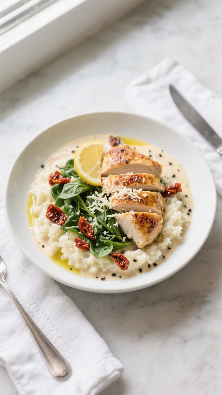 Final plated, tasty top view: Overhead shot of Creamy Keto Tuscan Chicken plated in a shallow white 