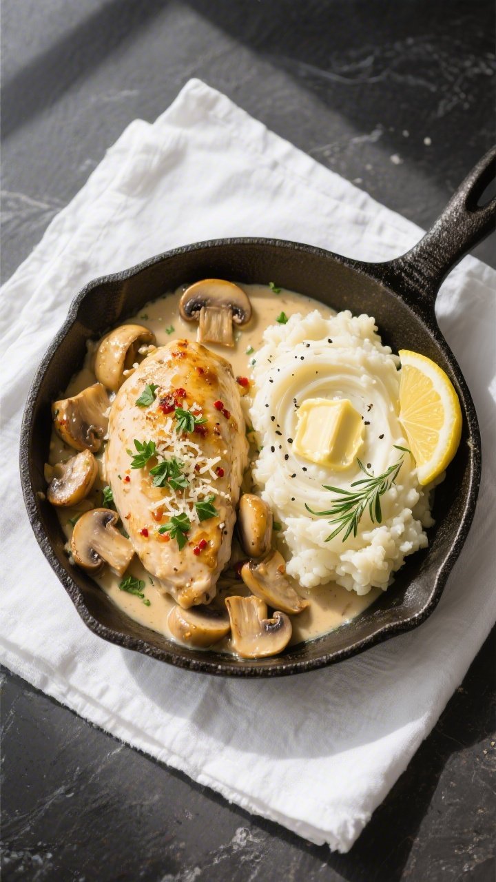 Final plated, tasty top view: Overhead shot of Keto Chicken and Mushroom Skillet served in the pan, 