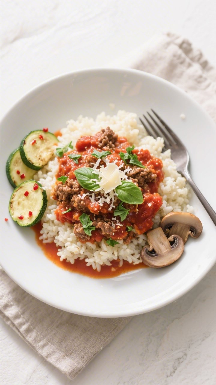 Final plated, tasty top view: Overhead shot of Keto Ground Beef and Creamy Tomato Skillet spooned ov