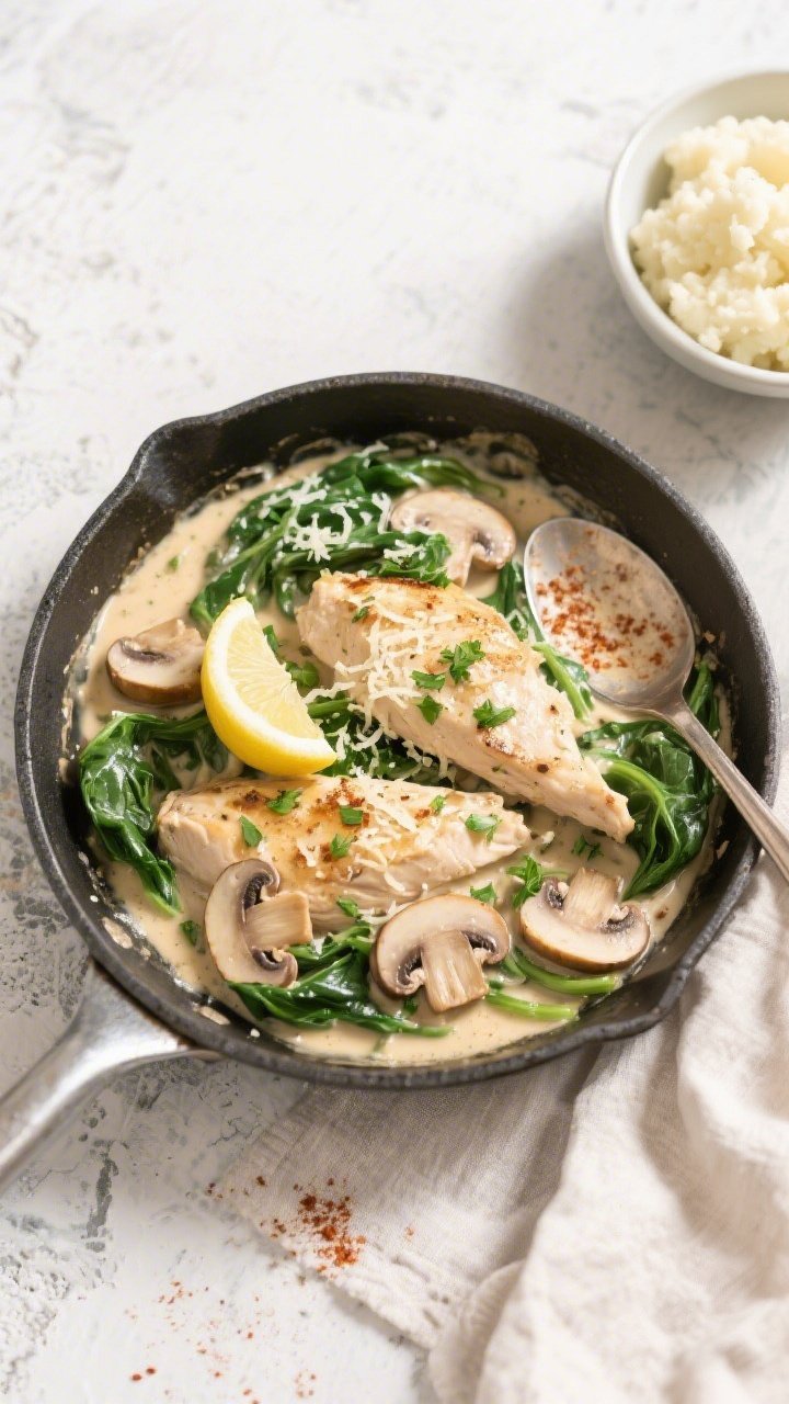 Final plated, top view: Overhead shot of Keto Chicken and Mushroom Skillet served in the pan, coated