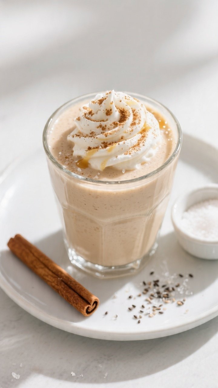 Final presentation top-down: Overhead shot of the finished Vanilla Cinnamon Keto Smoothie poured int