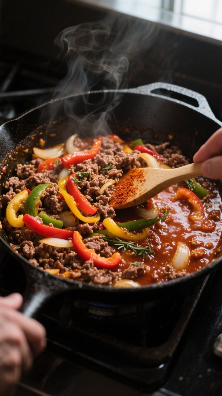 Overhead cooking process shot: One-pan keto ground beef and pepper skillet simmering in a large blac