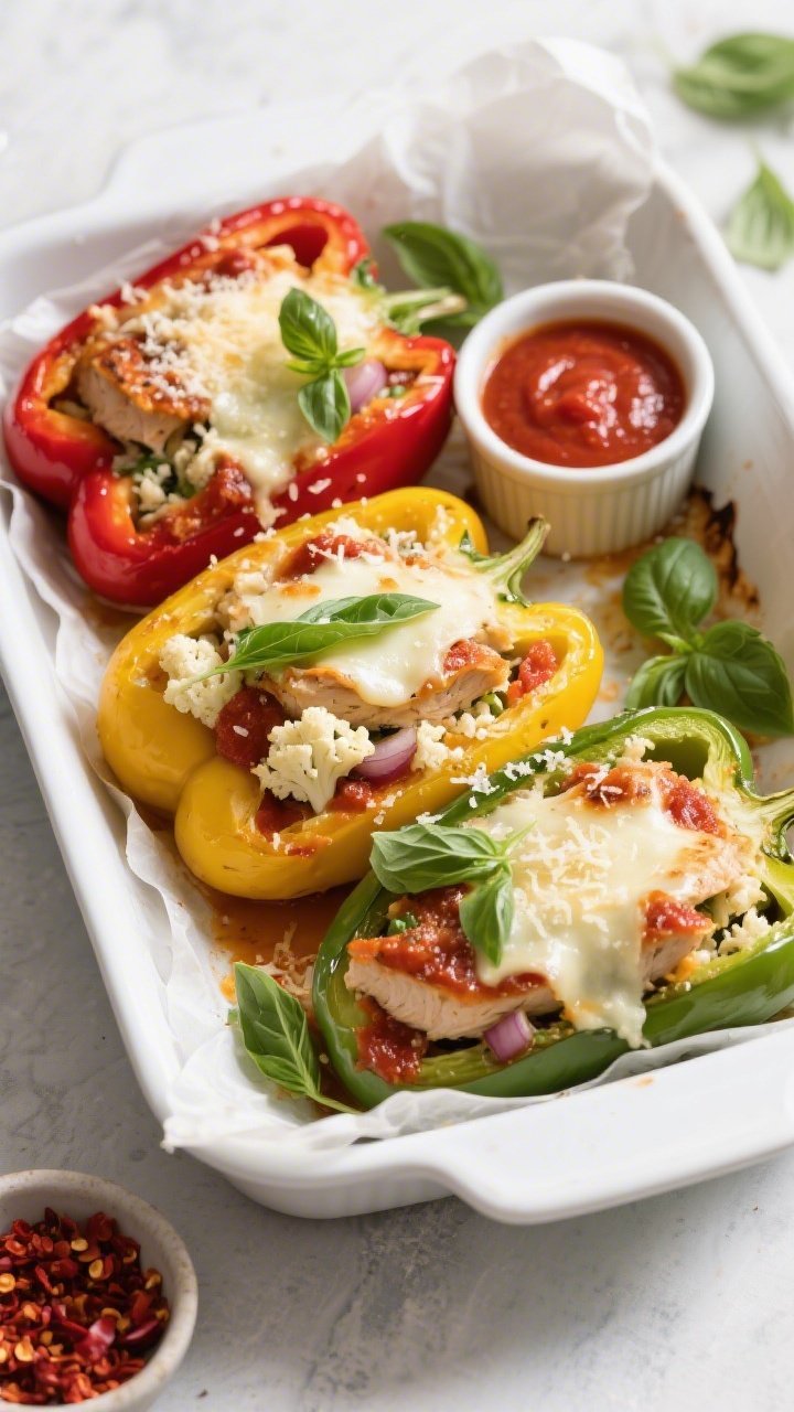 Overhead final presentation: Four colorful cooked bell peppers (mix of red, yellow, and green) neatl