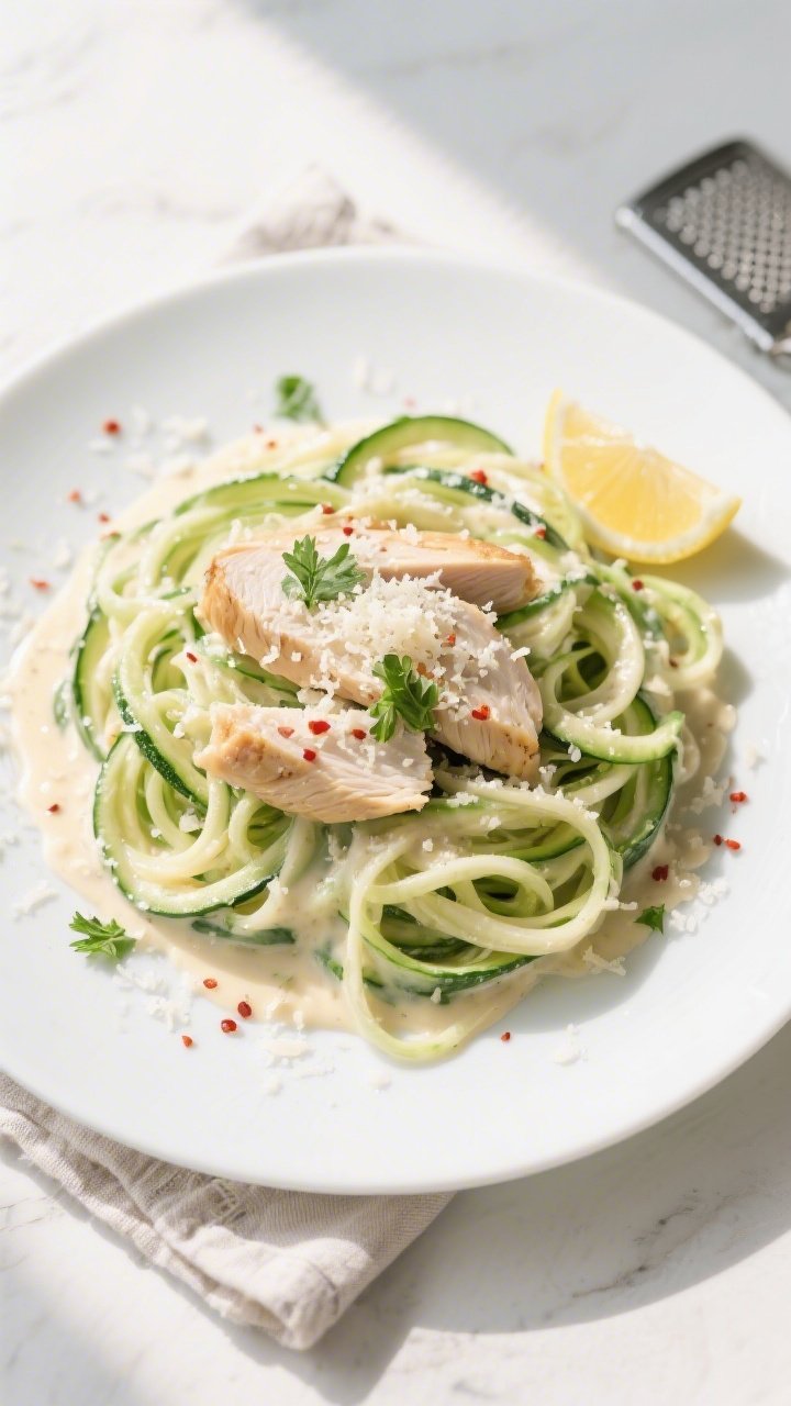 Overhead final presentation: Keto Chicken Alfredo Zucchini Noodles twirled into nest-like piles on a