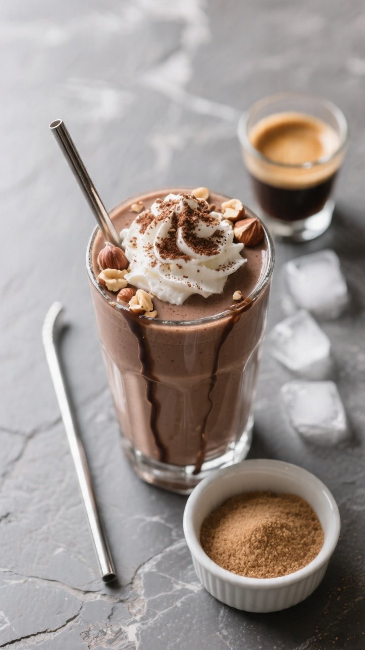 Overhead final presentation of a café-style Hazelnut Mocha Keto Smoothie, thick and creamy in a cle