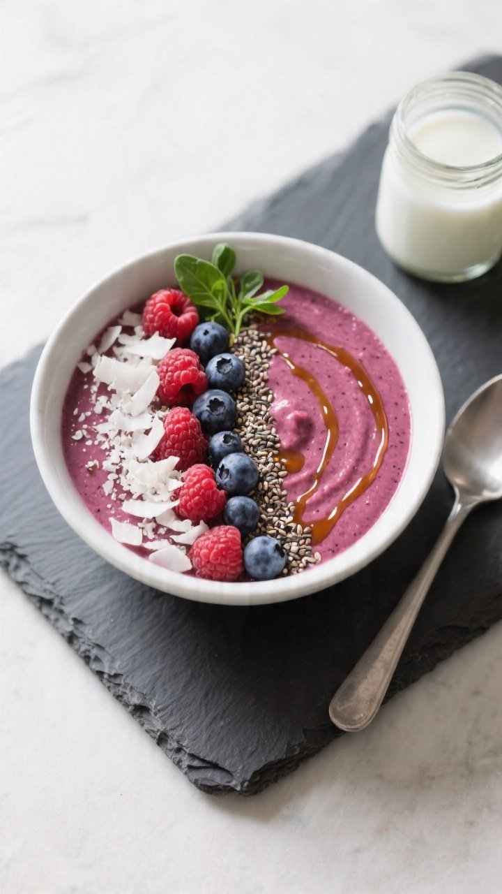 Overhead final presentation of a Coconut Berry Keto Smoothie bowl variation, ultra-thick blend sprea