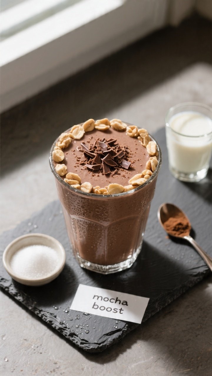 Overhead final presentation of the Chocolate Peanut Butter Keto Smoothie in a frosted tumbler, toppe
