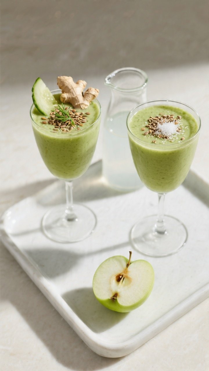 Overhead final presentation of the Green Apple Detox Smoothie in two modern tulip glasses on a matte