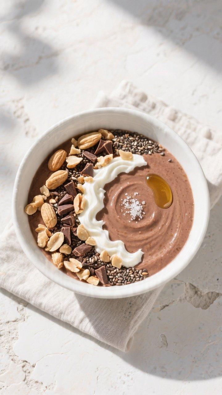 Overhead final presentation of the Peanut Butter Chocolate Keto Smoothie styled as a thick smoothie
