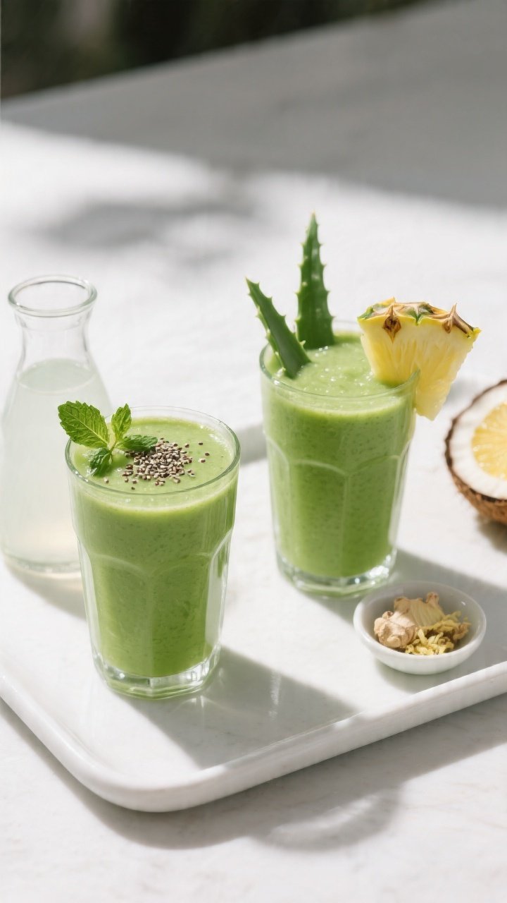 Overhead final presentation of two glasses of Aloe Vera Detox Smoothie on a matte white tray: vivid 