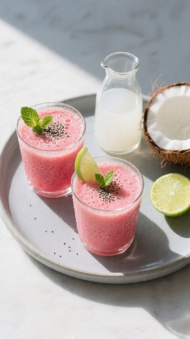 Overhead final presentation of two glasses of Watermelon Detox Hydration Smoothie on a matte ceramic