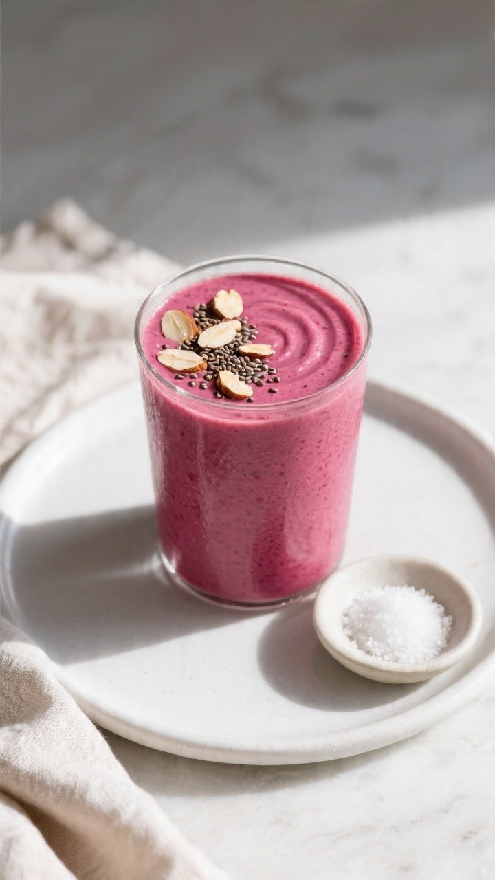Overhead final presentation: Raspberry Almond Keto Smoothie served in a tall glass on a matte white