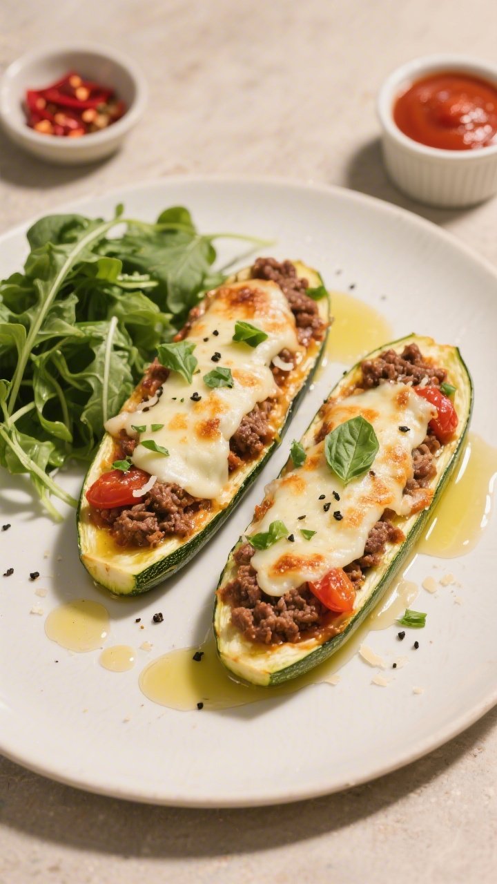 Overhead final presentation shot: two plated zucchini boat halves on a matte white plate with a driz