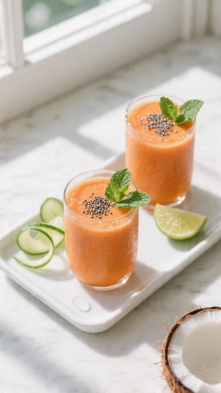 Overhead final presentation: Two perfectly poured papaya smoothies in clean, modern glasses on a whi