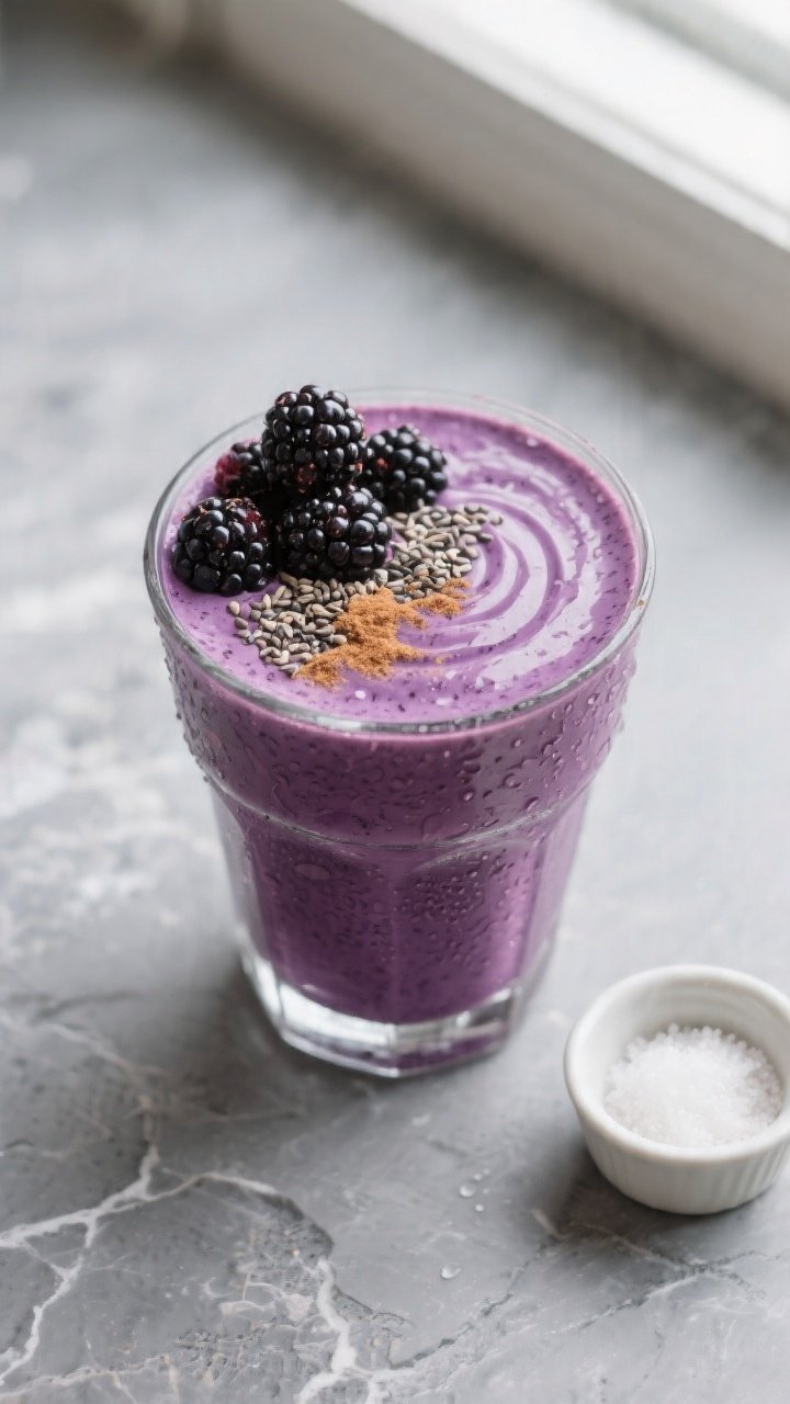Overhead shot of a finished Blackberry Collagen Keto Smoothie poured into a chilled clear glass, ult