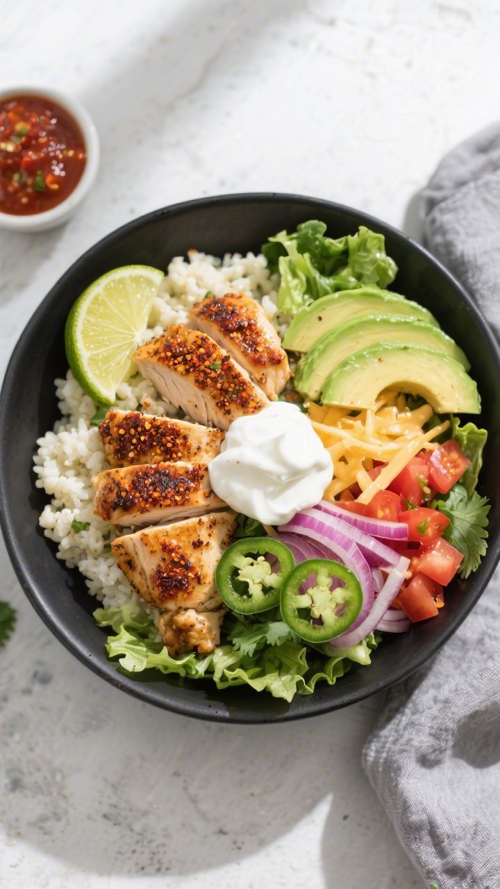 Overhead shot of a finished Keto Chicken Taco Bowl, vibrant and abundant: a base of fluffy cauliflow