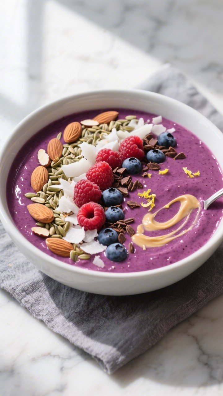 Overhead shot of a finished Low Carb Berry Breakfast Smoothie Bowl with a thick, spoonable, deep mag