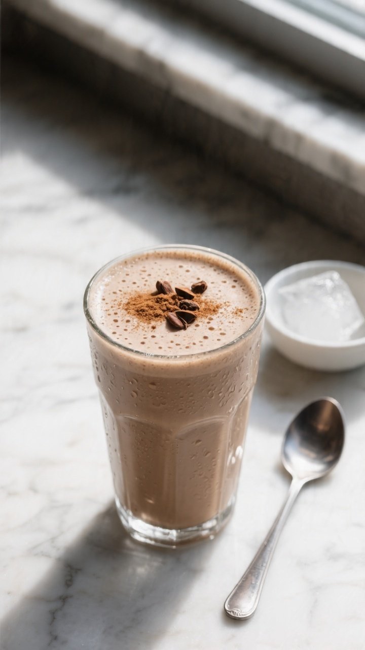 Overhead shot of a freshly blended Coffee Keto Energy Smoothie poured into a chilled clear glass, to