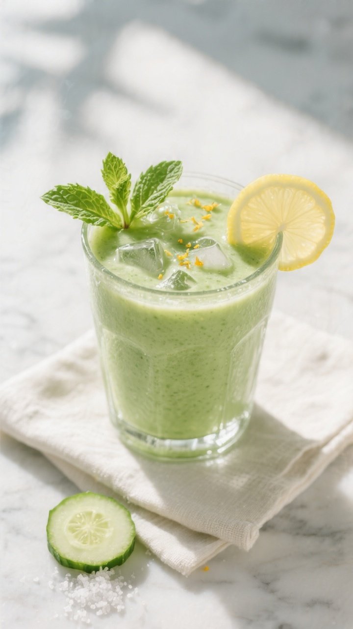 Overhead shot of a freshly blended Cucumber Mint Detox Smoothie poured into a frosty clear glass, vi