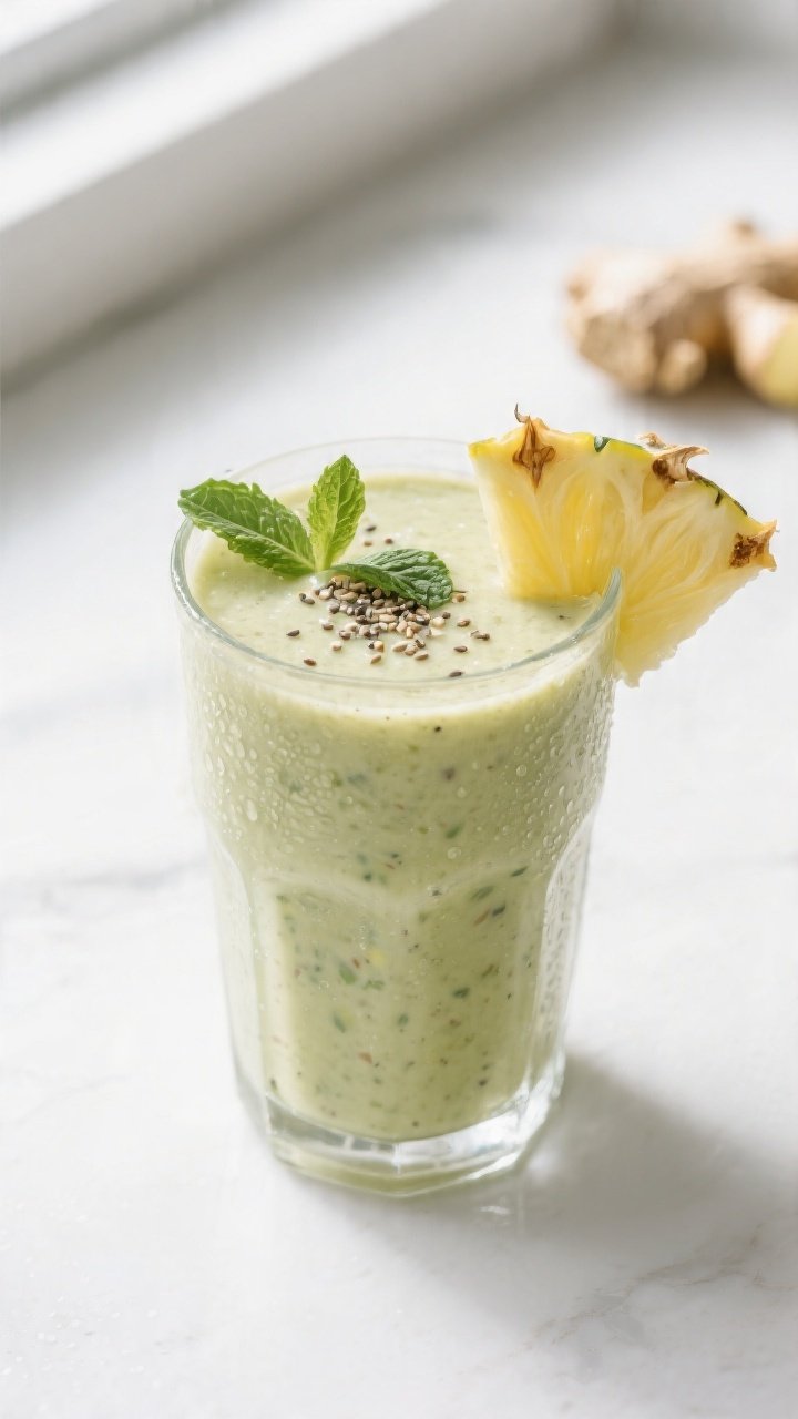 Overhead shot of a freshly blended Pineapple Spinach Detox Smoothie poured into a chilled clear glas