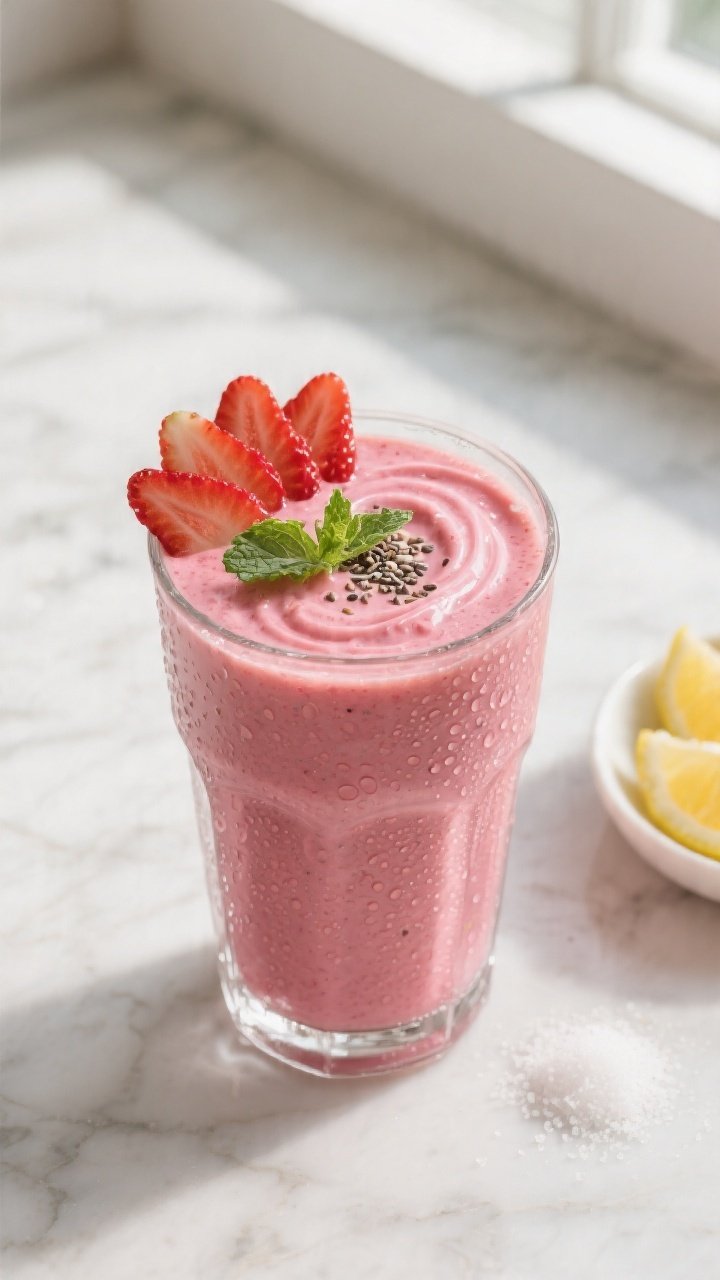 Overhead shot of a freshly blended Strawberry Avocado Keto Smoothie poured into a chilled clear glas