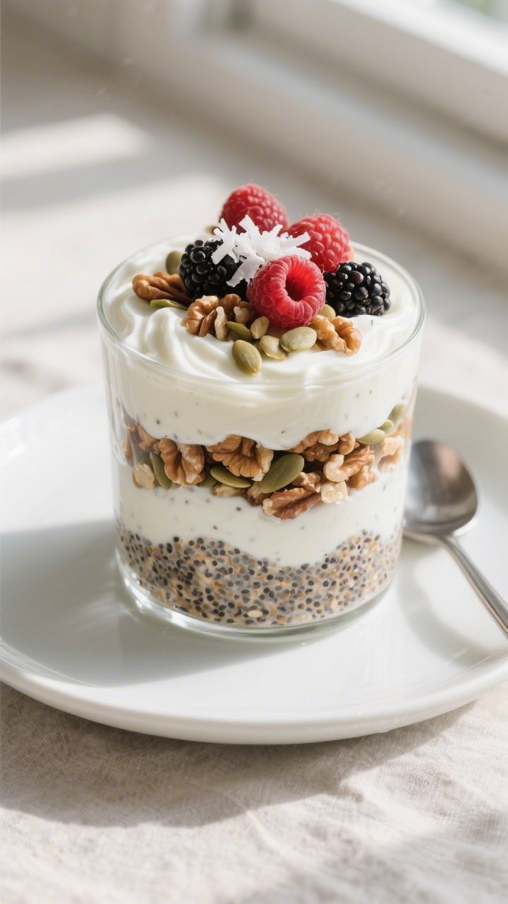 Overhead shot of a fully assembled Low Carb Breakfast Parfait layered in a clear glass: thick, cream