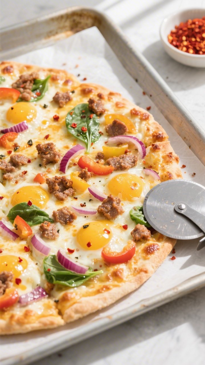 Overhead shot of a just-finished Keto Low Carb Breakfast Pizza on a parchment-lined half-sheet pan, 