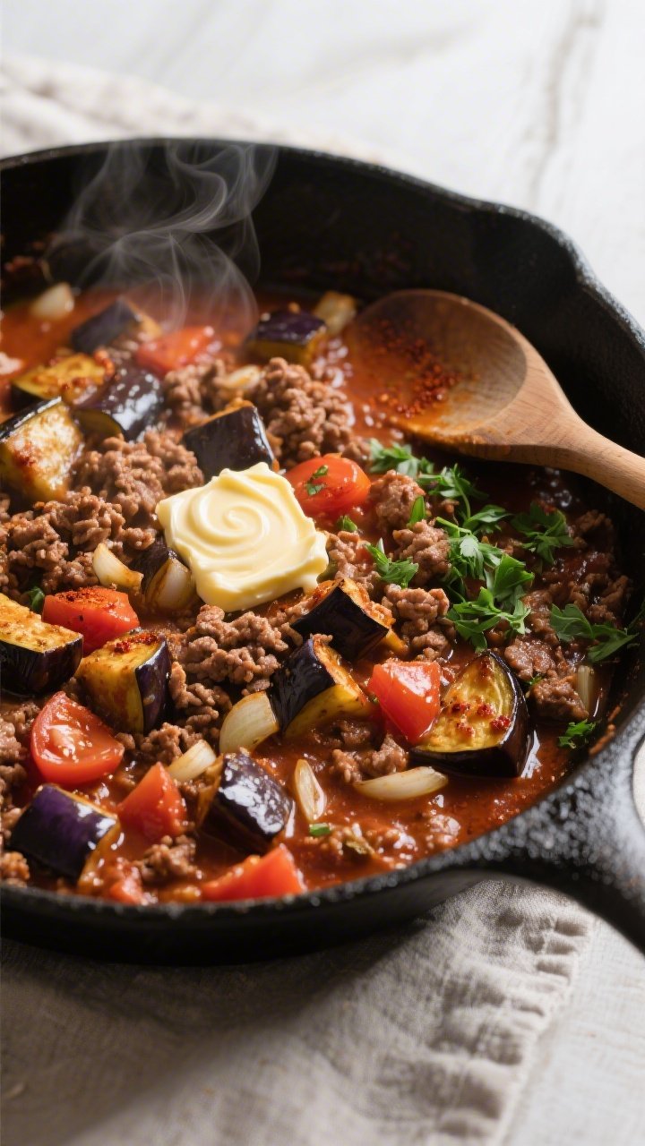 Overhead shot of a keto ground beef and eggplant skillet at the “combine and reduce” stage: glos