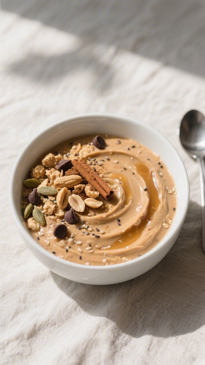 Overhead shot of a prepared Keto Peanut Butter Breakfast Bowl in a matte white cereal bowl, thick mo