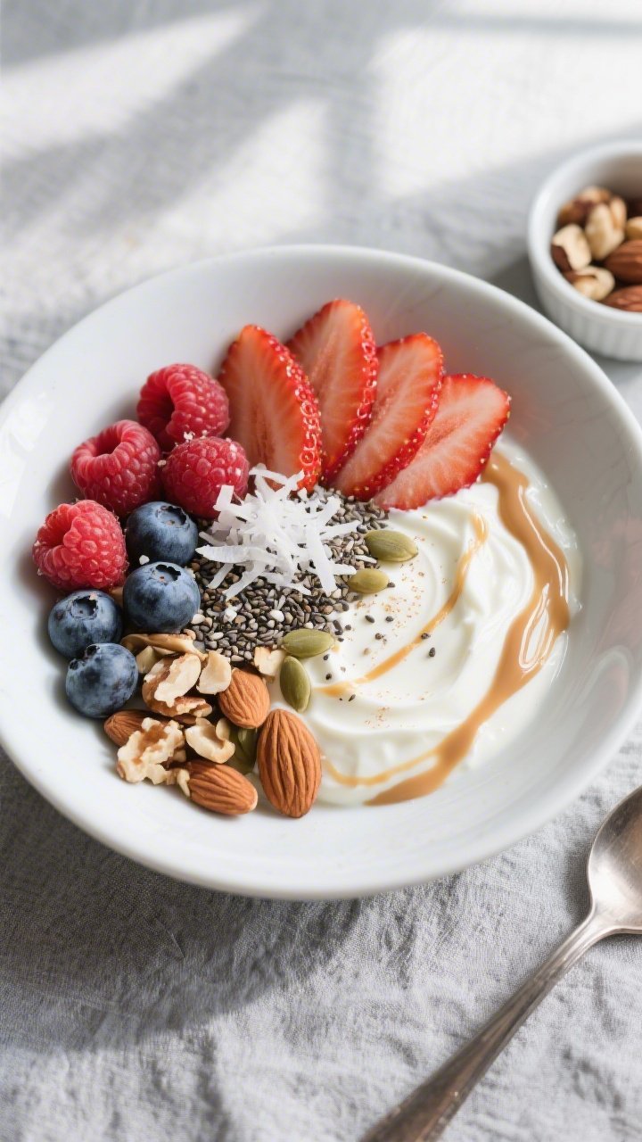 Overhead shot of a prepared low-carb Greek yogurt breakfast bowl: creamy plain Greek yogurt swirled 
