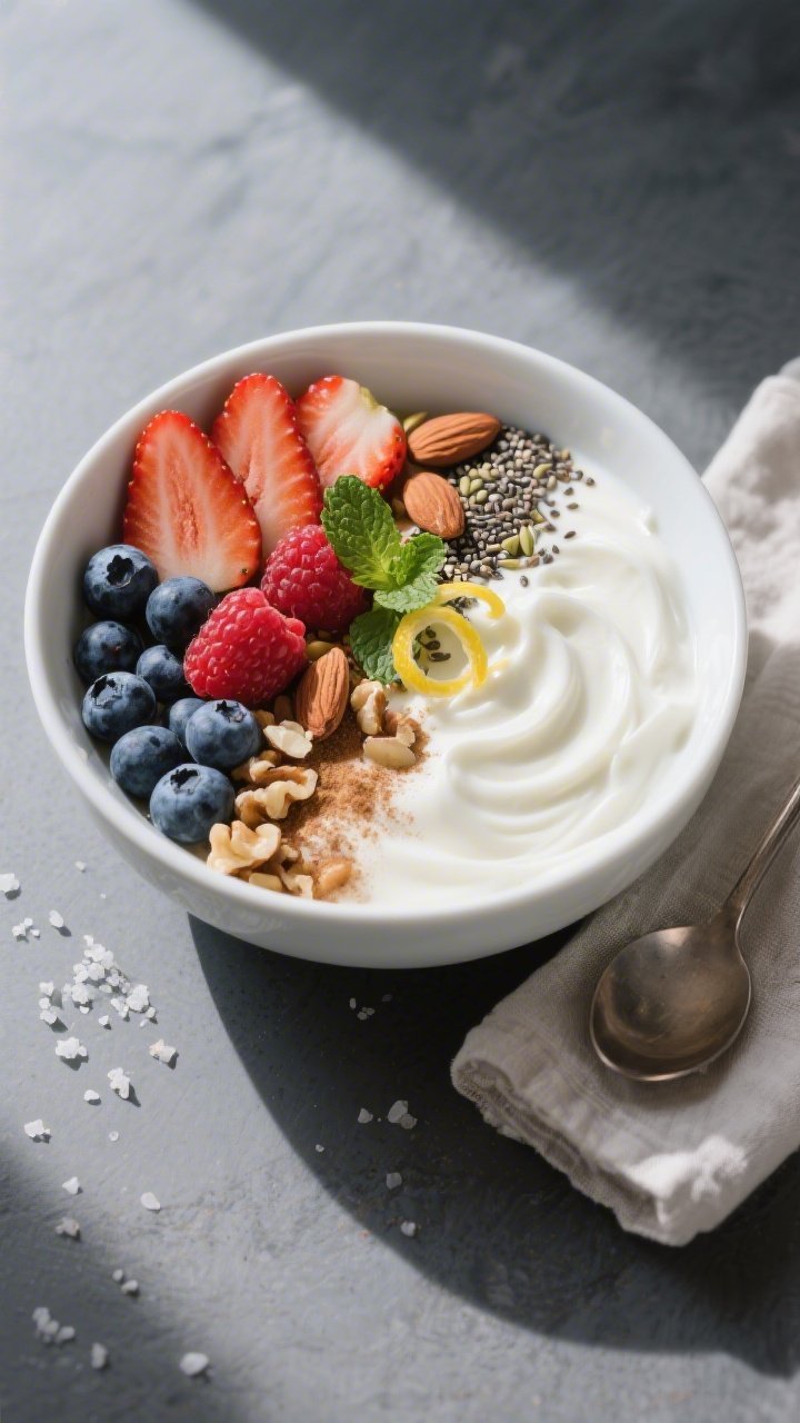 Overhead shot of a prepared low carb yogurt breakfast bowl: thick whole-milk Greek yogurt swirled wi