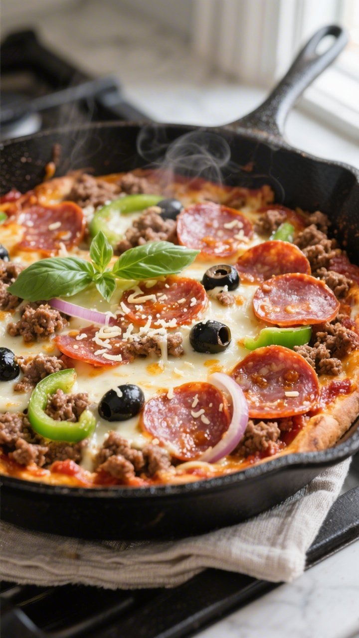 Overhead shot of a sizzling keto ground beef pizza bowl in a black oven-safe skillet, cheese just me