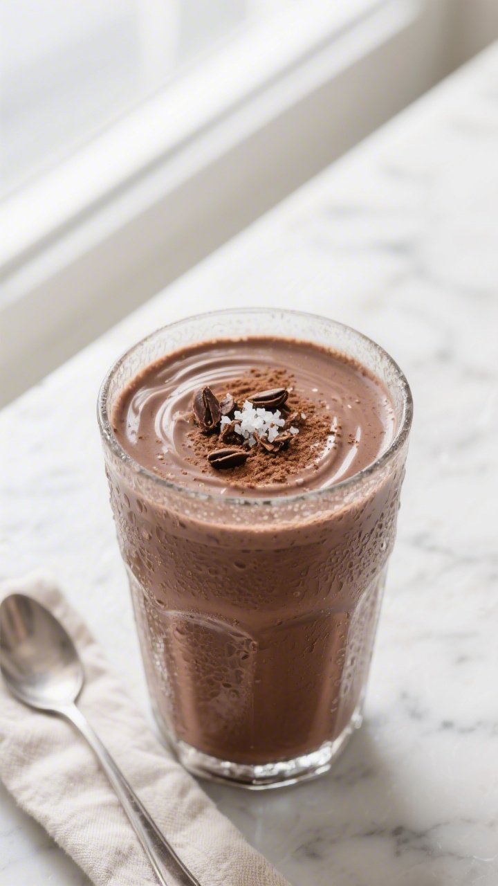 Overhead shot of a thick, freshly blended keto chocolate breakfast smoothie poured into a frosty, ch