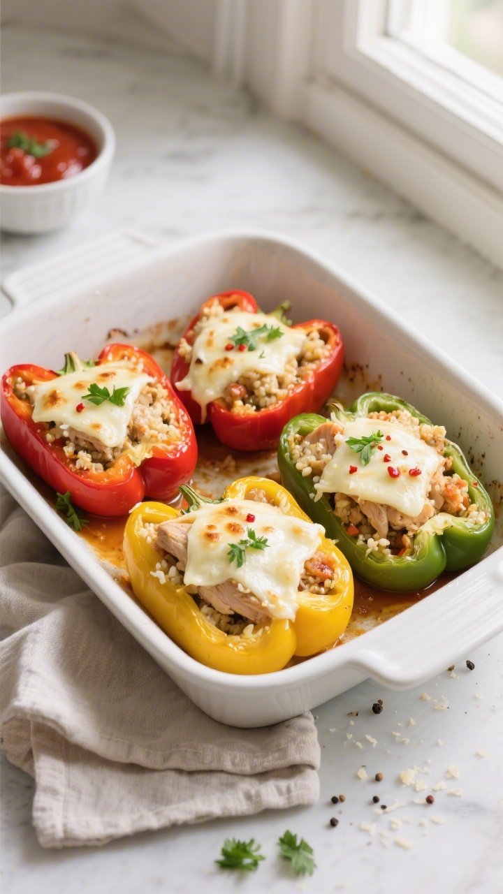 Overhead shot of keto chicken stuffed bell peppers just out of the oven: four par-baked bell pepper 