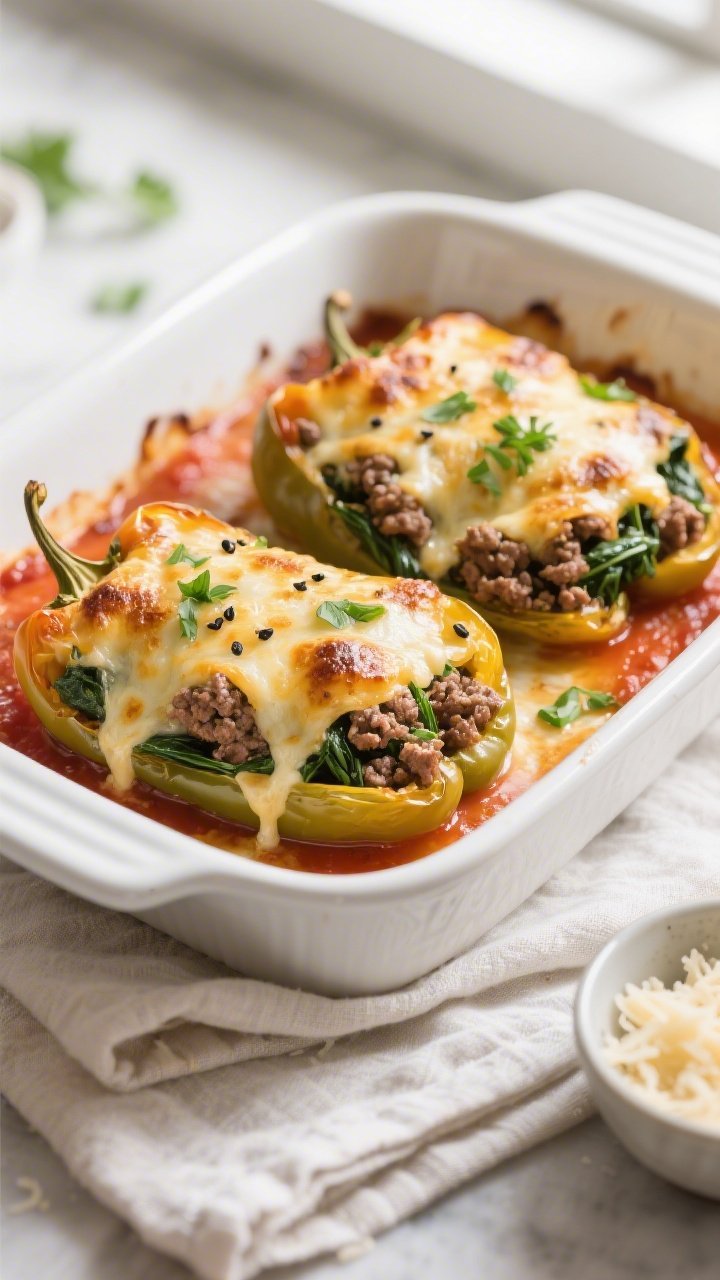 Overhead shot of keto ground beef and spinach stuffed peppers fresh from the oven, cheese melted and