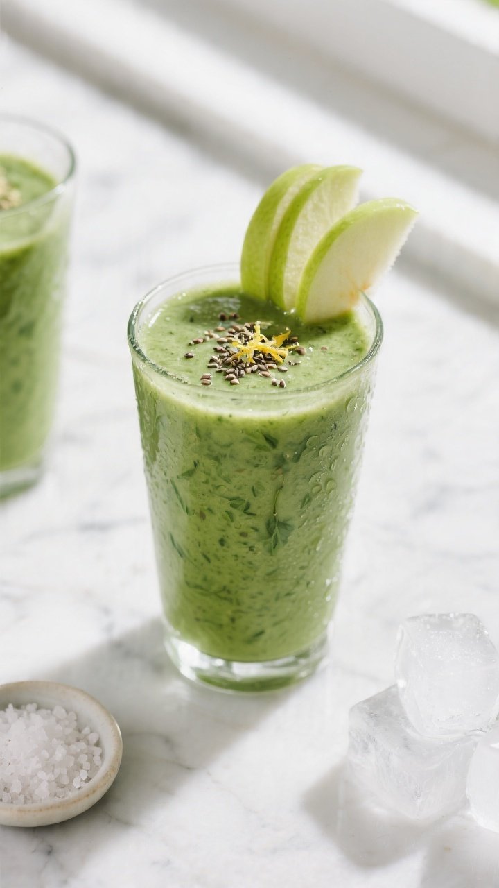 Overhead shot of the finished Apple Cider Vinegar Detox Smoothie poured into a tall, chilled glass, 