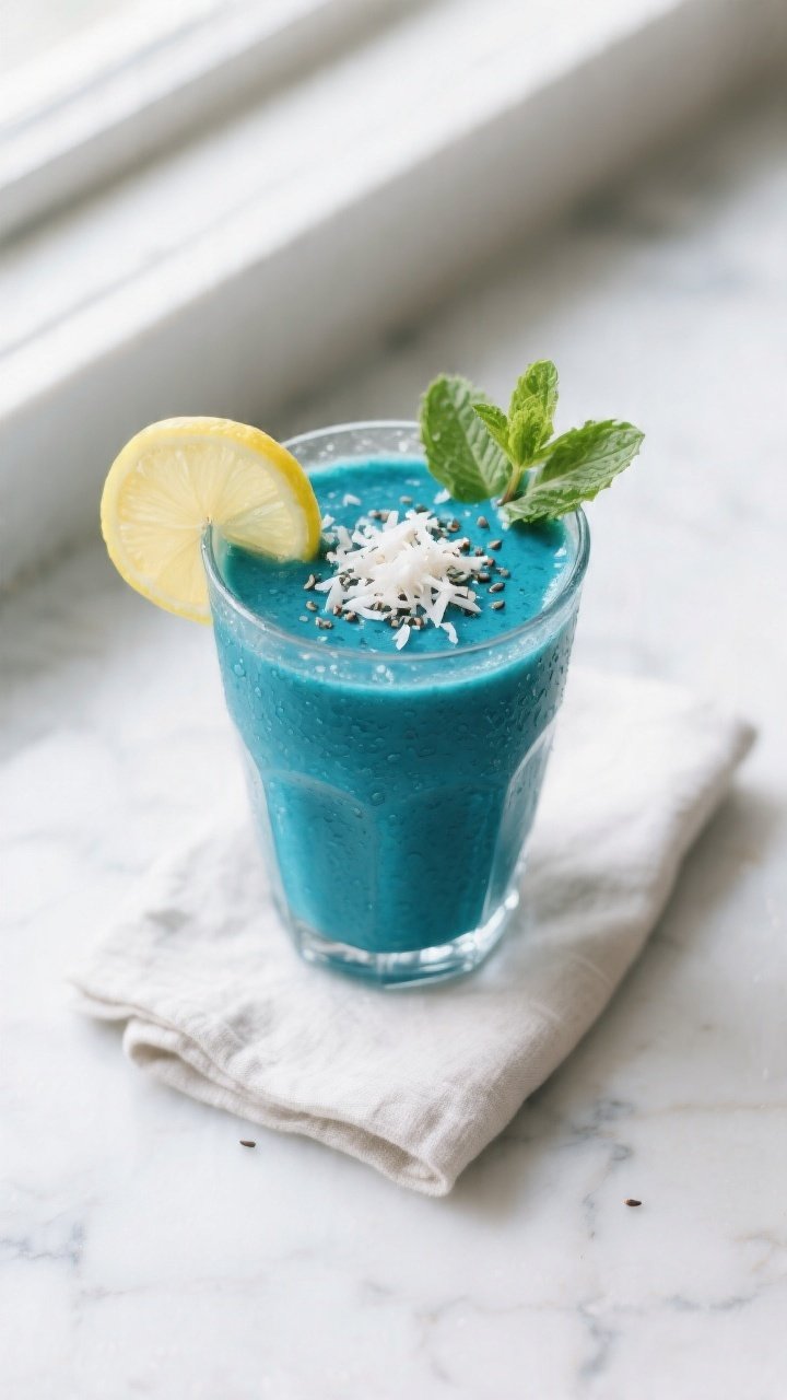 Overhead shot of the finished Blue Spirulina Keto Smoothie poured into a chilled clear glass, vibran