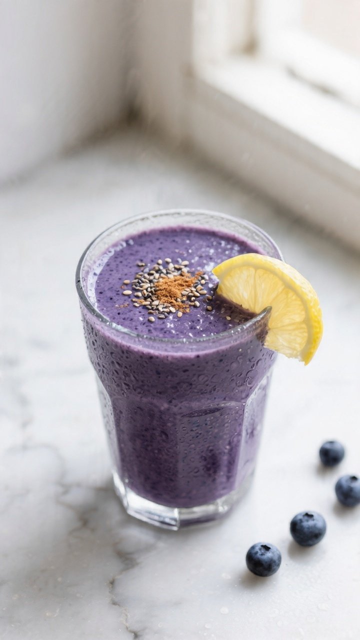 Overhead shot of the finished Blueberry Keto Chia Smoothie poured into a chilled clear glass, thick 
