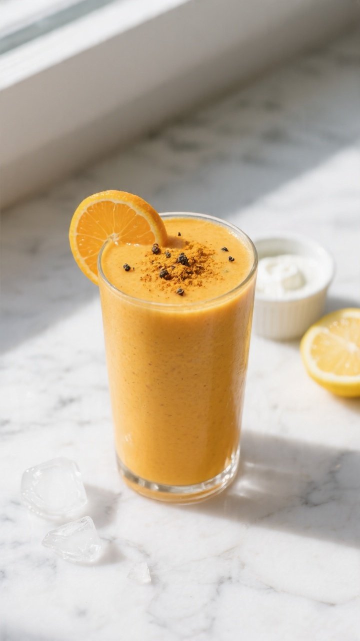 Overhead shot of the finished Carrot Orange Detox Smoothie poured into a tall clear glass, vibrant g