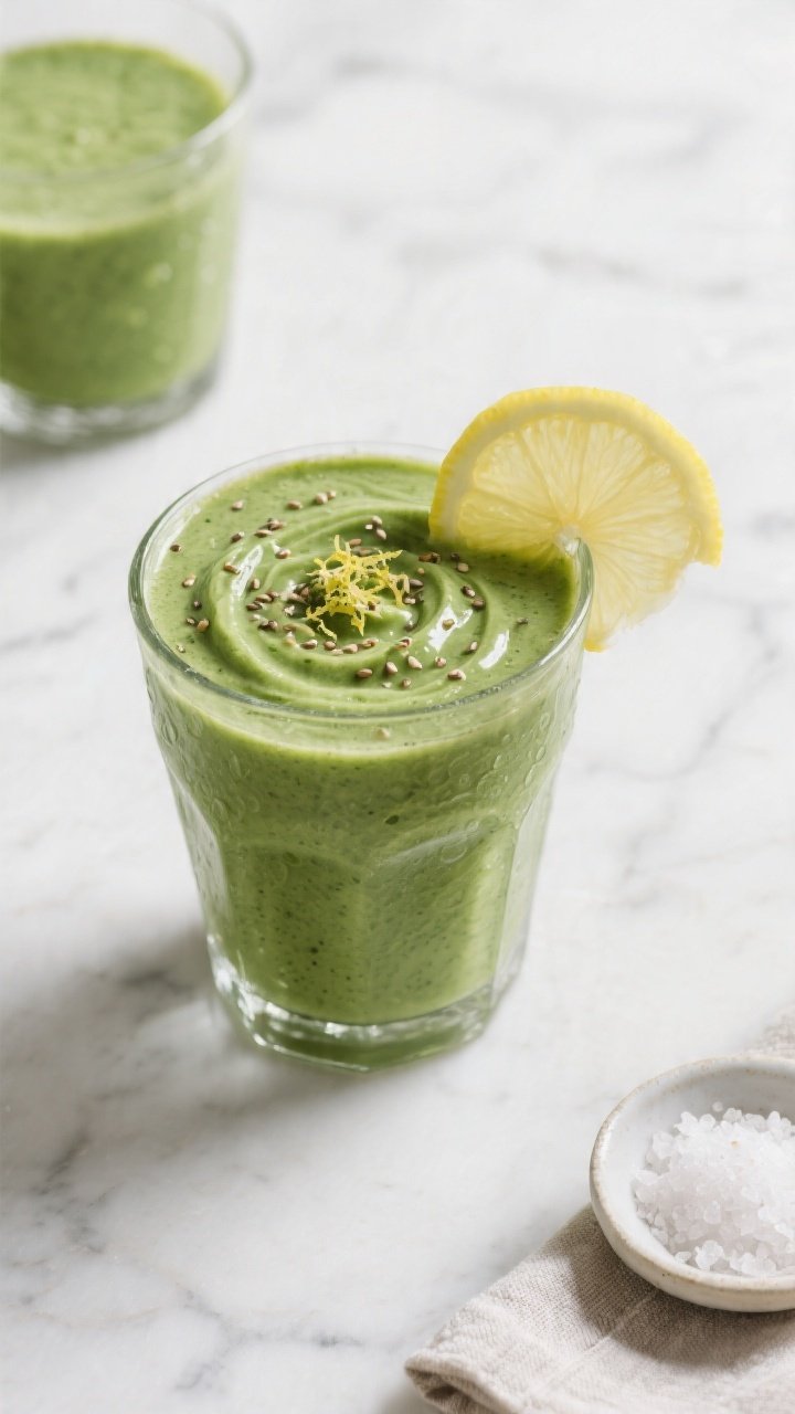 Overhead shot of the finished Kale Avocado Detox Smoothie poured into a chilled clear glass, ultra-s