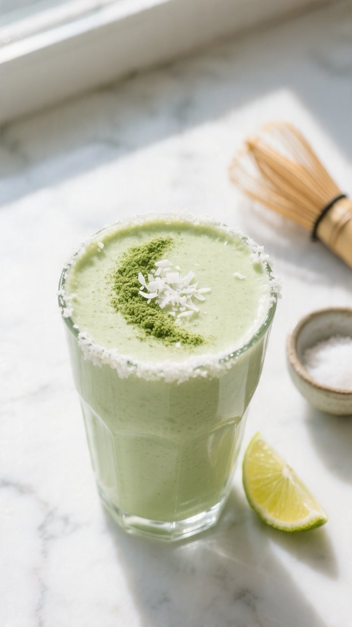 Overhead shot of the finished Matcha Coconut Keto Smoothie poured into a chilled clear glass, ultra-