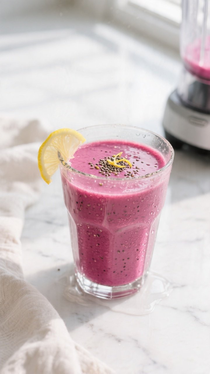 Overhead shot of the prepared Beetroot Detox Glow Smoothie just after blending, poured into a chille