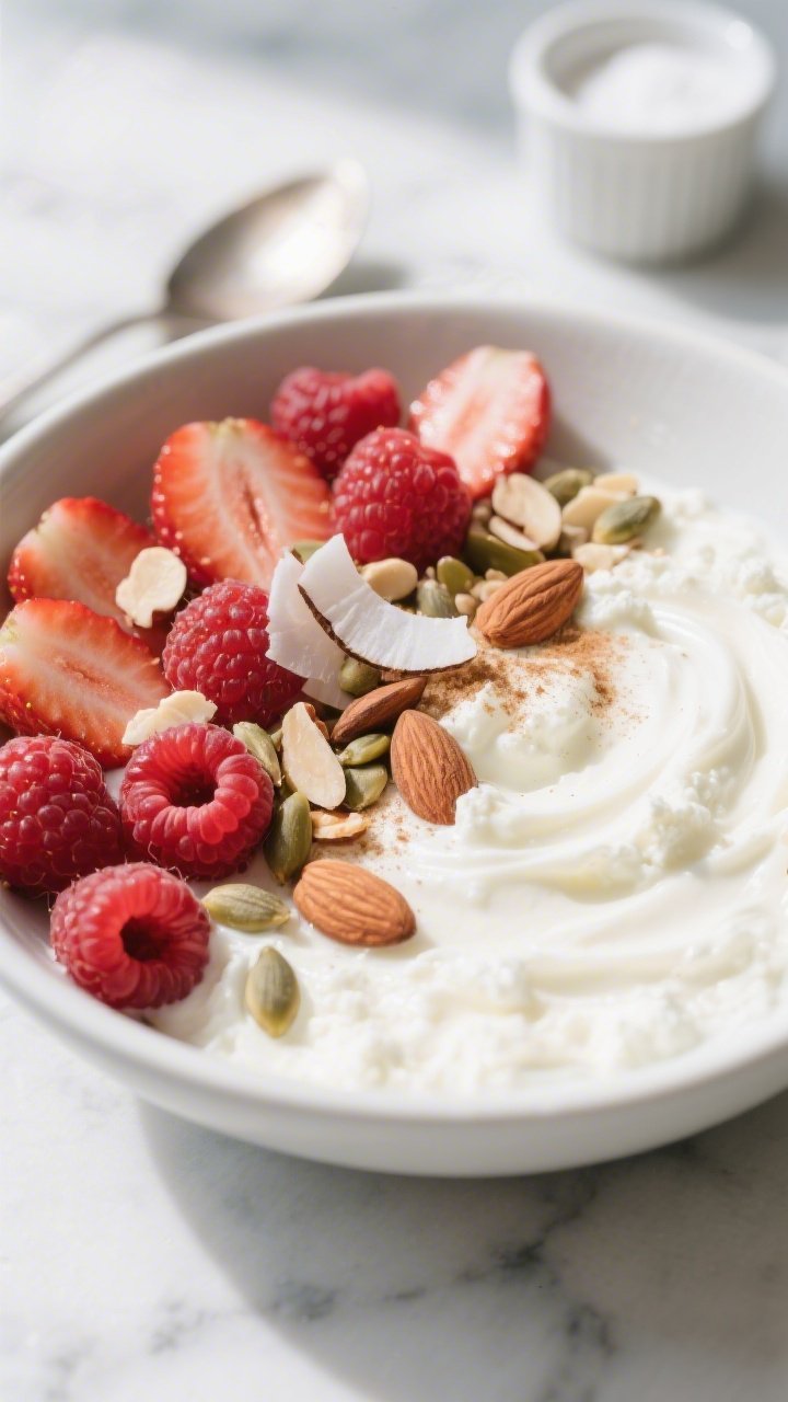 Overhead shot of the sweet blended cottage cheese breakfast bowl, silky yogurt-like base swirled in 