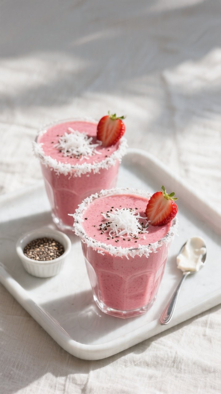 Tasty top-down final presentation: Overhead shot of two finished Strawberry Coconut Keto Smoothies i
